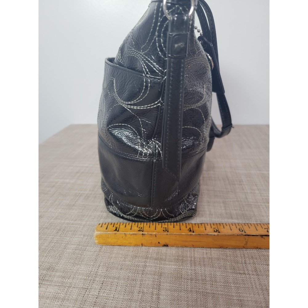 Coach Black Patent Leather Signature Sis Stitch Tote Bag F19198 Silver Hardware - Picture 6 of 9